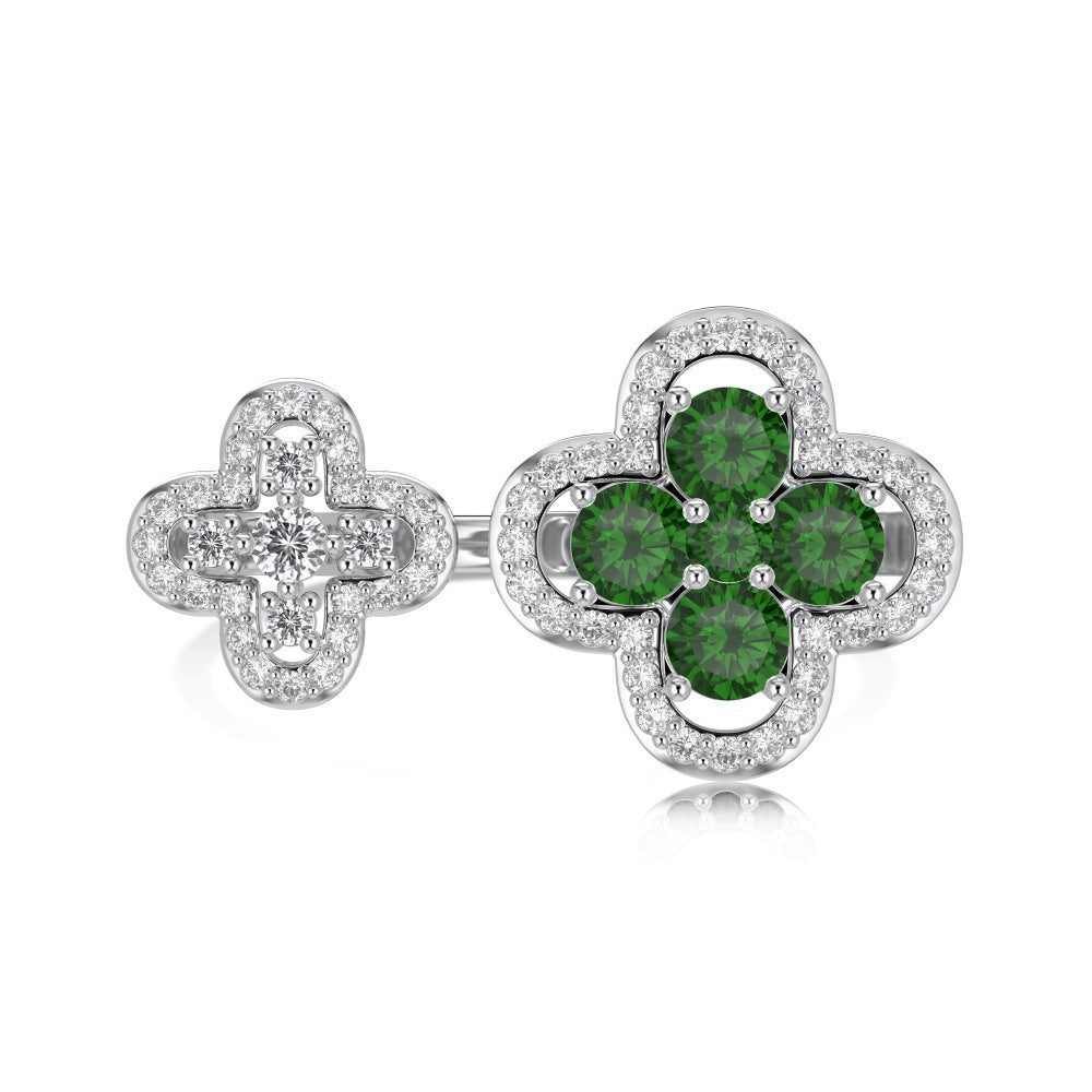 S925 sterling silver open ring double four-leaf clover design